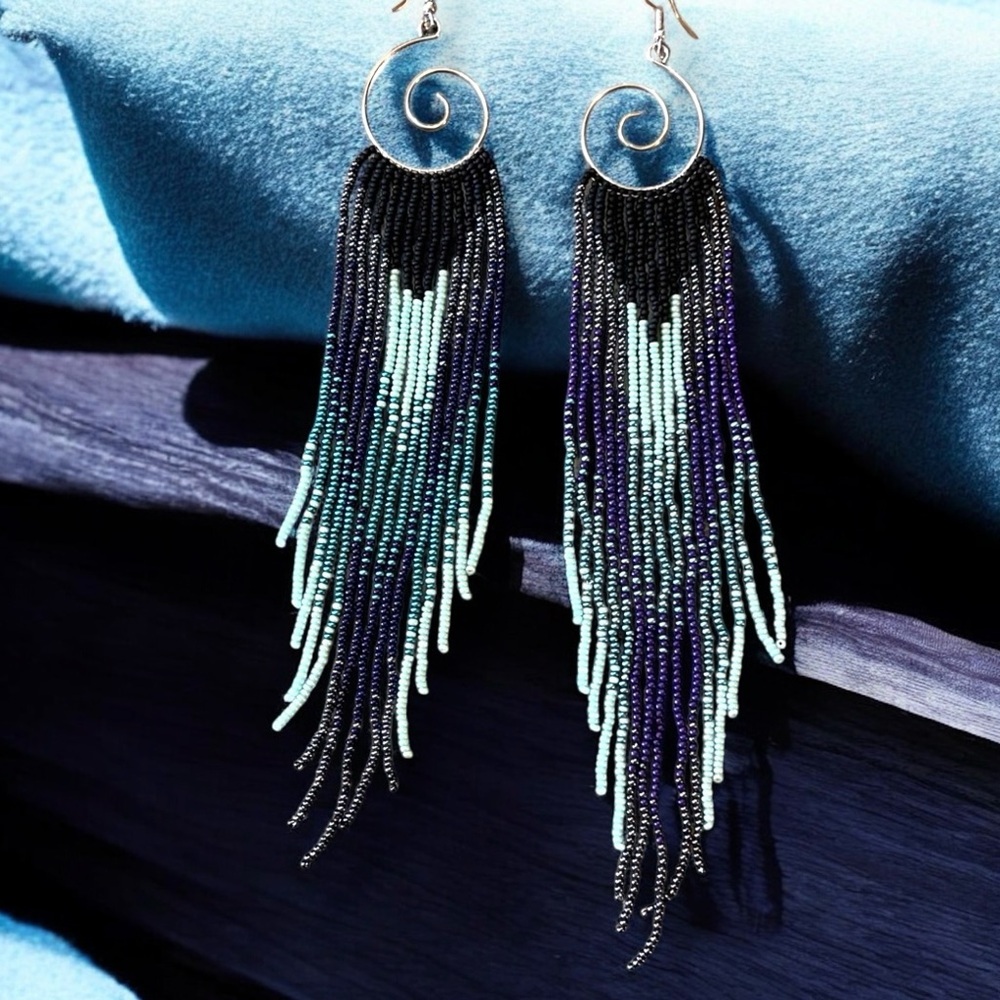 Who’s got the blues? Hand Beaded Chandelier Beaded Earrings Blues Purples - Picture 12 of 17